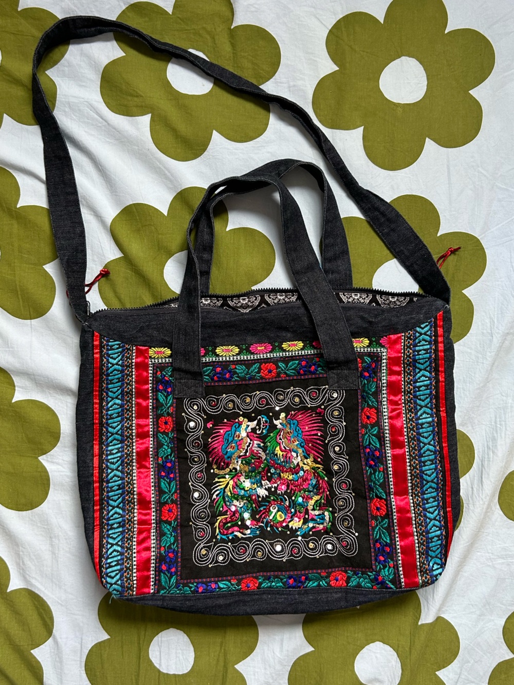 Bohemian Embroidered + Sequin Denim Tote Bag with dragon + floral motif